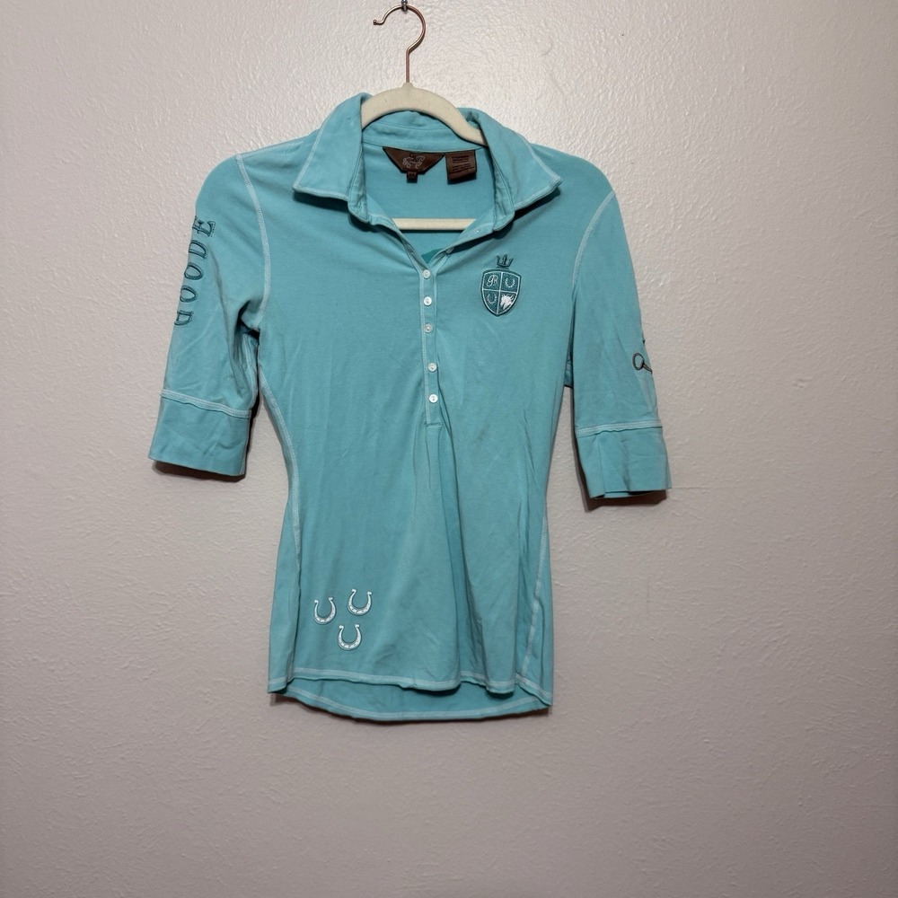 Goode‎ Rider Henley 3/4 Sleeve Performance Top Equestrian Horse Logo XS Slim Fit